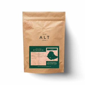 Ethiopian specialty coffee. Flat lay white background.