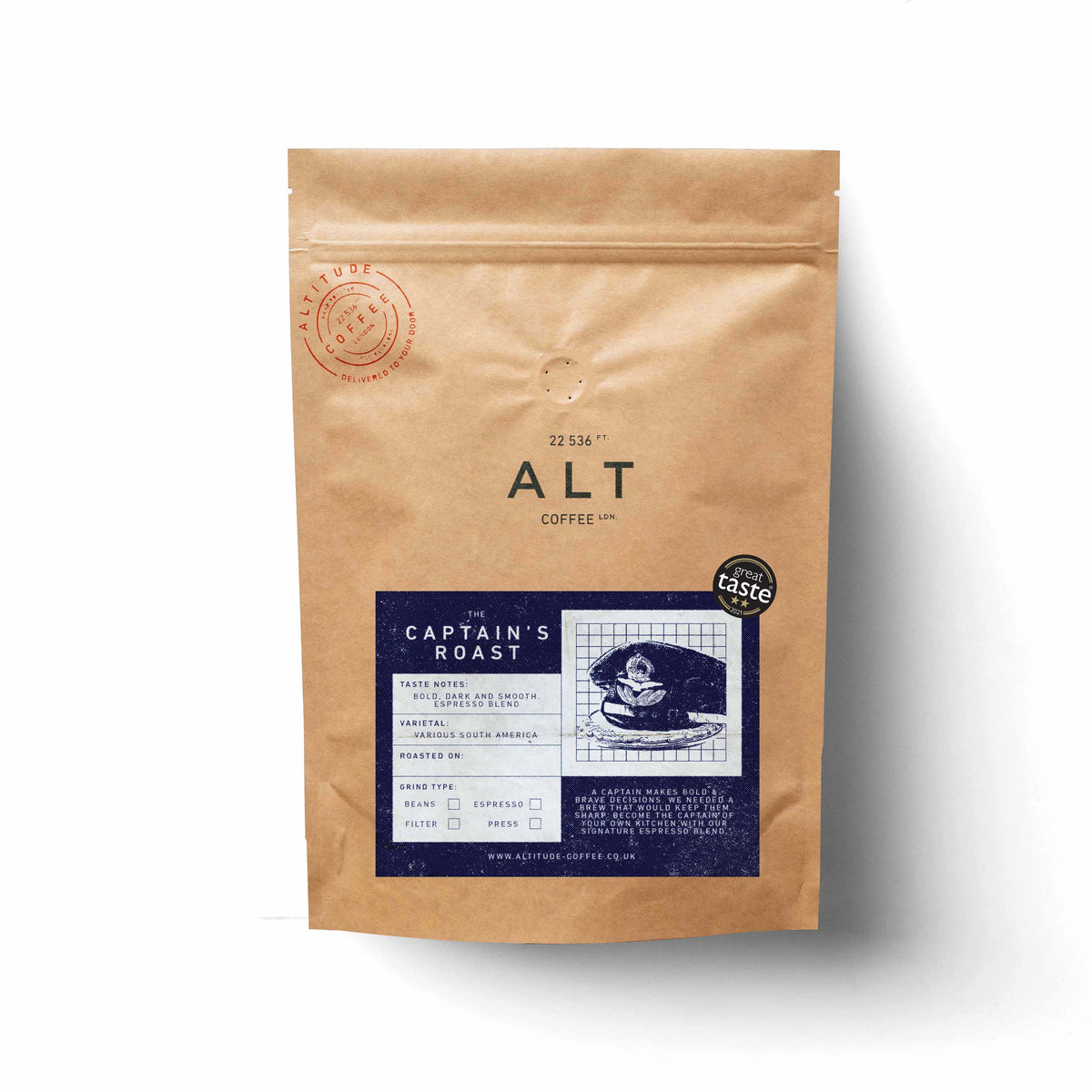 The Captain's Roast espresso blend on white background