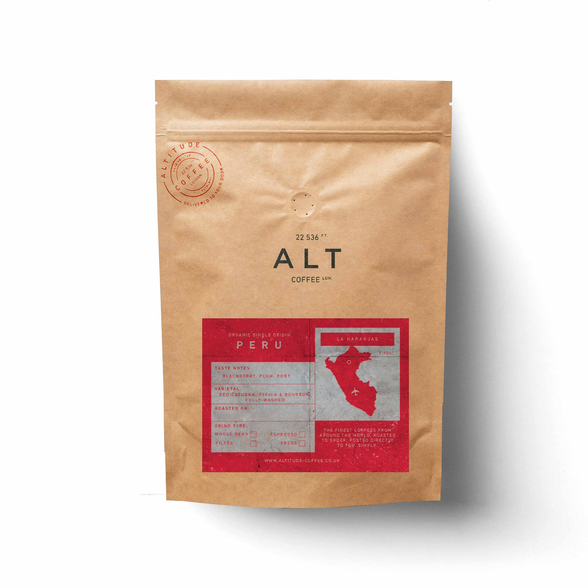 Peru La Naranja specialty coffee on white background