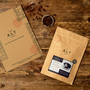 Specialty coffee subscription bag on table